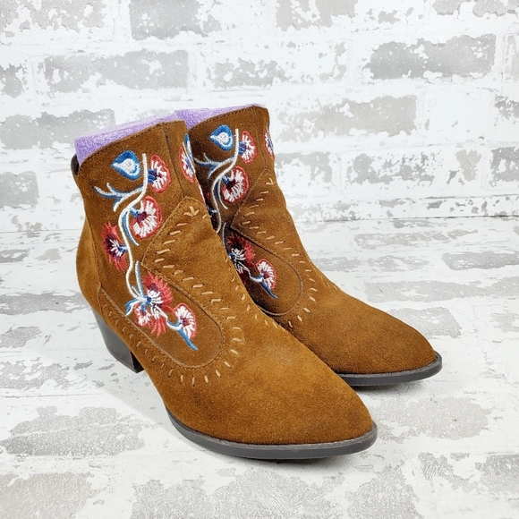 Carlos Vivien Brown Suede Floral Block Heel Zip Up Ankle Boots O190 - Picture 4 of 13